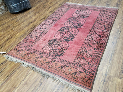 Antique Bukhara Area Rug, Vintage Afghan Bokhara Bashir Rug, 4x6 Hand-Knotted Oriental Carpet, Red & Black Wool Rug, 4' x 5'9