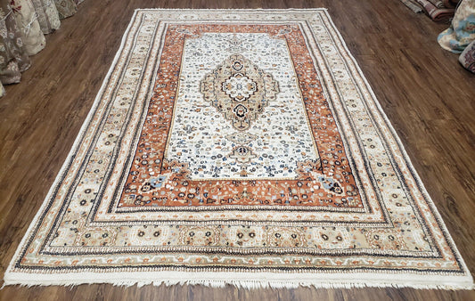 6x9 Vintage Indo-Persian Area Rug, Wool Hand-Knotted Carpet, Ivory & Squash Orange, Floral Medallion Tribal Rug, Indian Carpet, Decorative