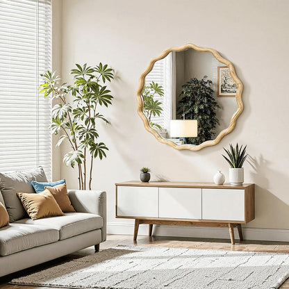 Round Wood Wall Mirror 24 Inch Shatterproof Glass Mounted