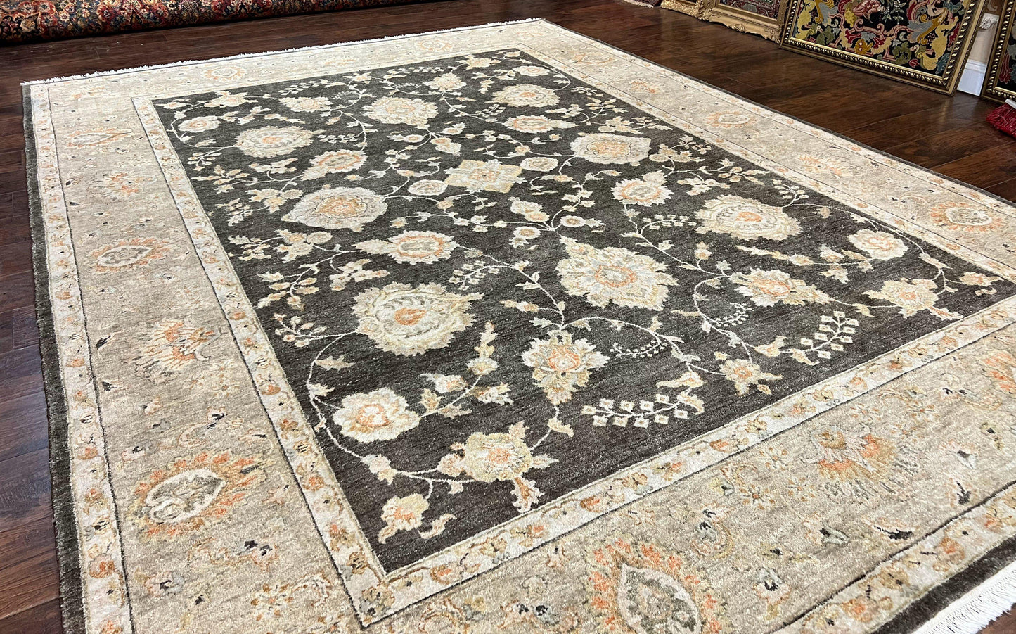 Indo Persian Rug 9x12, Sultanabad Indian Carpet, Dark Brown, Hand Knotted Vintage Wool Rug