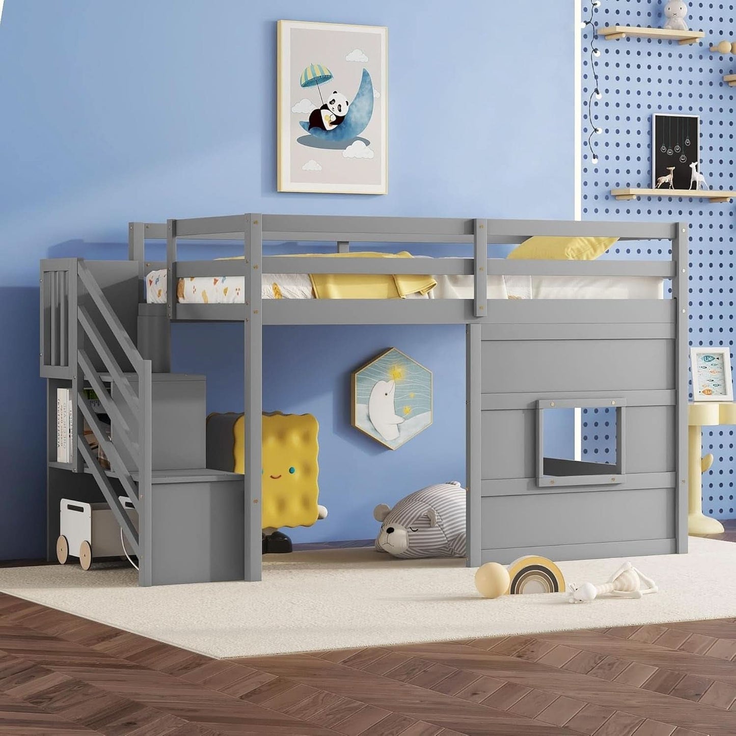 Twin Size Low Loft Bed In Gray With Stairs Storage