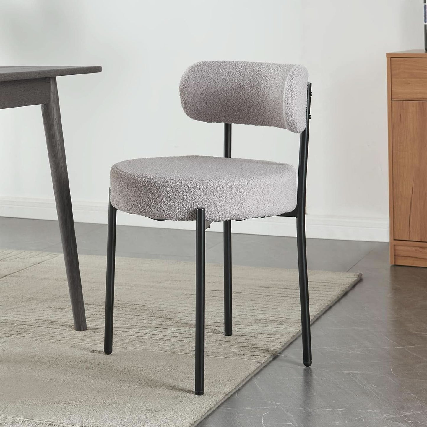 Round Upholstered Boucle Dining Chair Grey With Black Legs