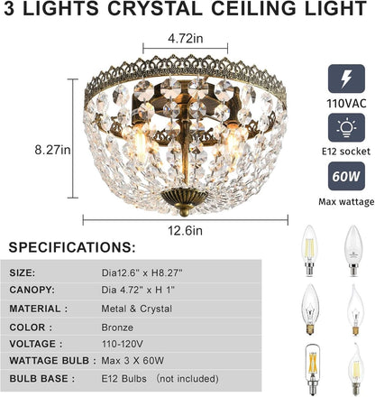 Three Light French Empire Crystal Chandelier Antique Bronze Dimmable Flush Mount