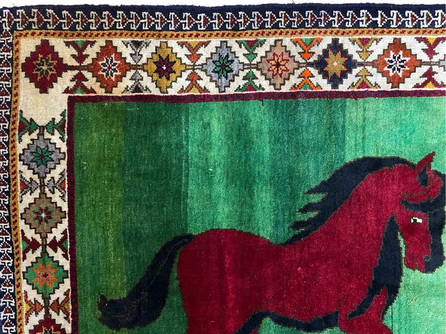 4 X 7 Handmade Rug Zagros Quality Wool Pictorial Horses Green Butterfly Colorful