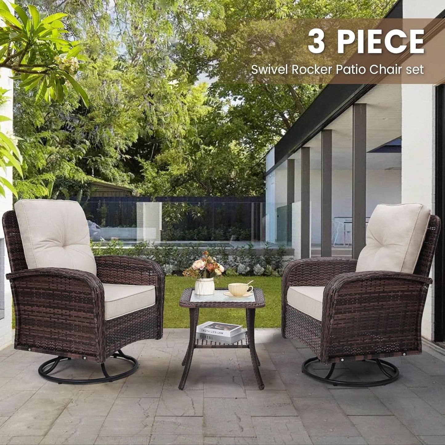 Two Outdoor Swivel Wicker Glider Patio Chairs With Table Set Brown Rattan And Beige Cushions