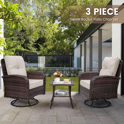 Two Outdoor Swivel Wicker Glider Patio Chairs With Table Set Brown Rattan And Beige Cushions