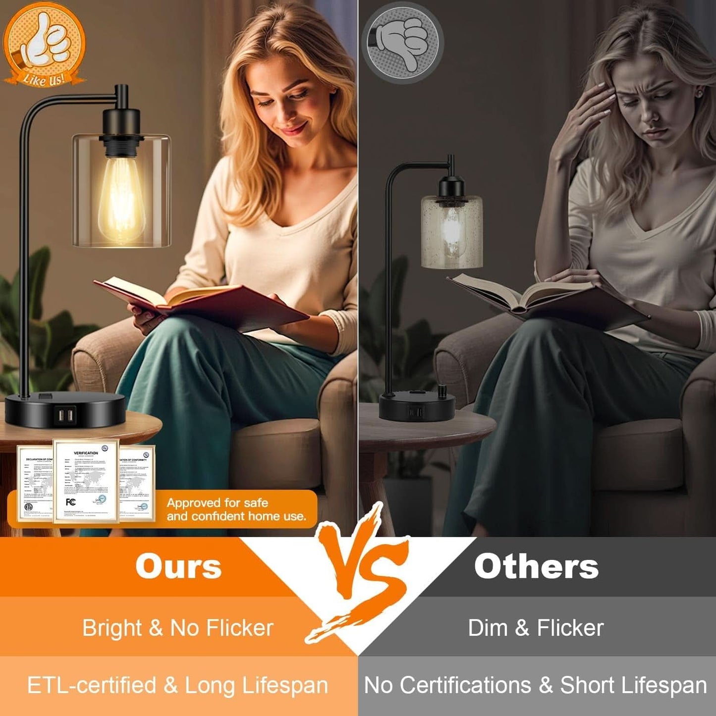 Black Industrial Touch Control Table Lamps With USB Ports