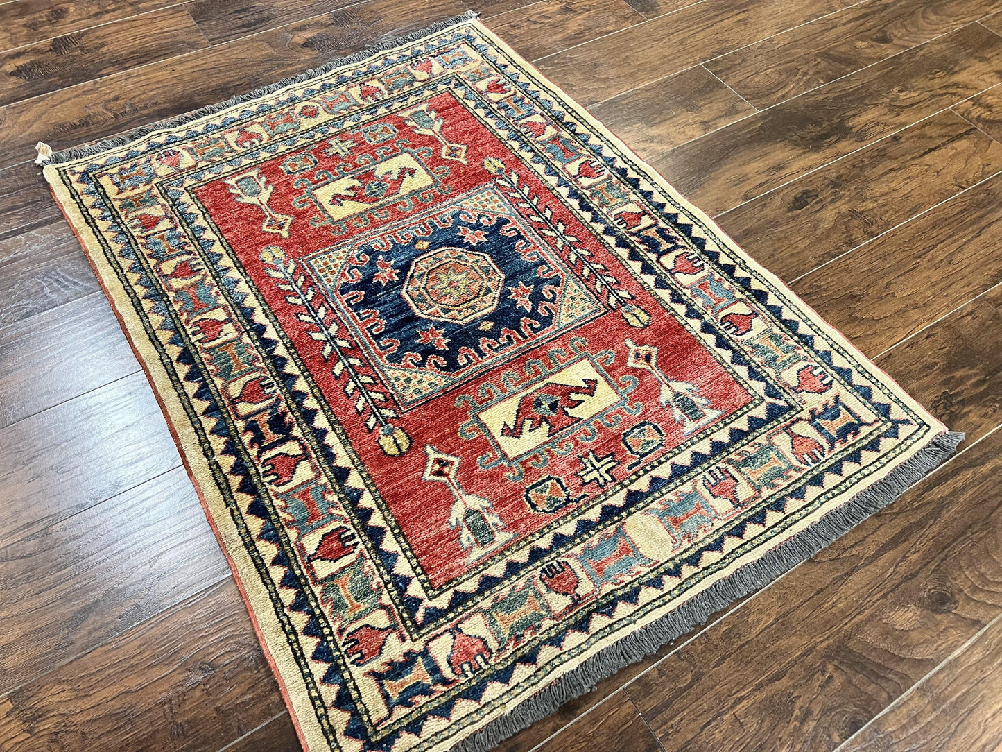 Turkish Kazak Rug 3x4, Wool Hand Knotted Small Vintage Carpet, Red Navy Blue, 3 x 4 Oriental Rug, Geometric Design