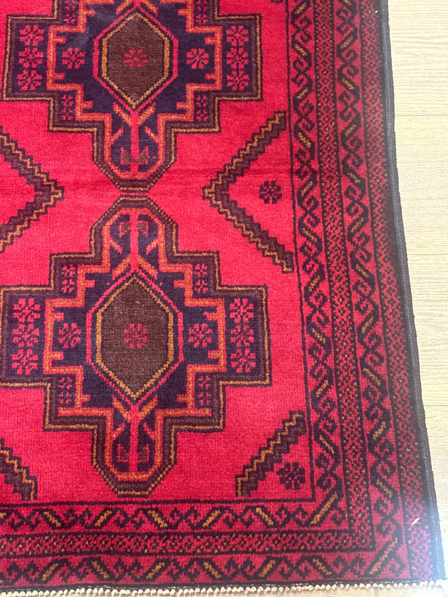 Afghan Rug 4x7, Tribal Carpet, Balouch Rug, Red and Navy Blue, Repeated Medallions, New