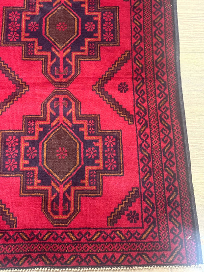 Afghan Rug 4x7, Tribal Carpet, Balouch Rug, Red and Navy Blue, Repeated Medallions, New