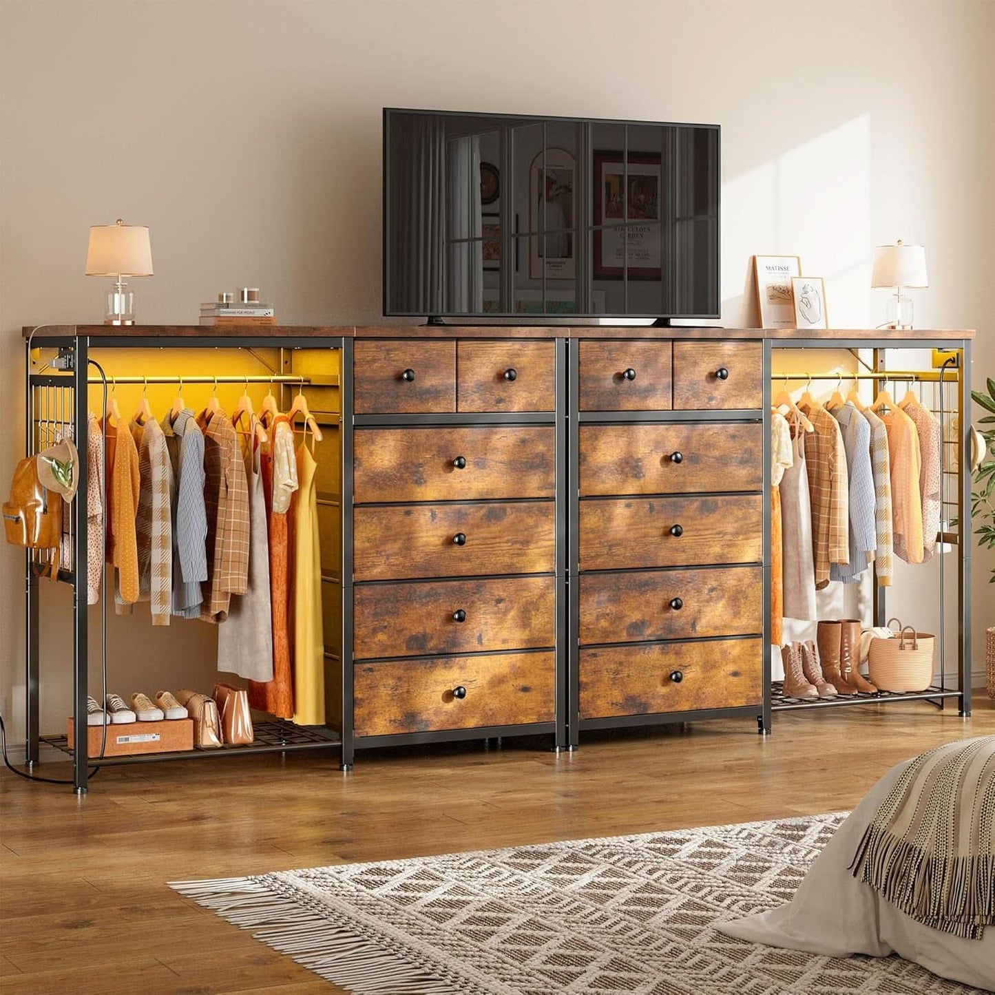 49 Inch Rustic Brown Dresser With Clothes Rack LED Lights