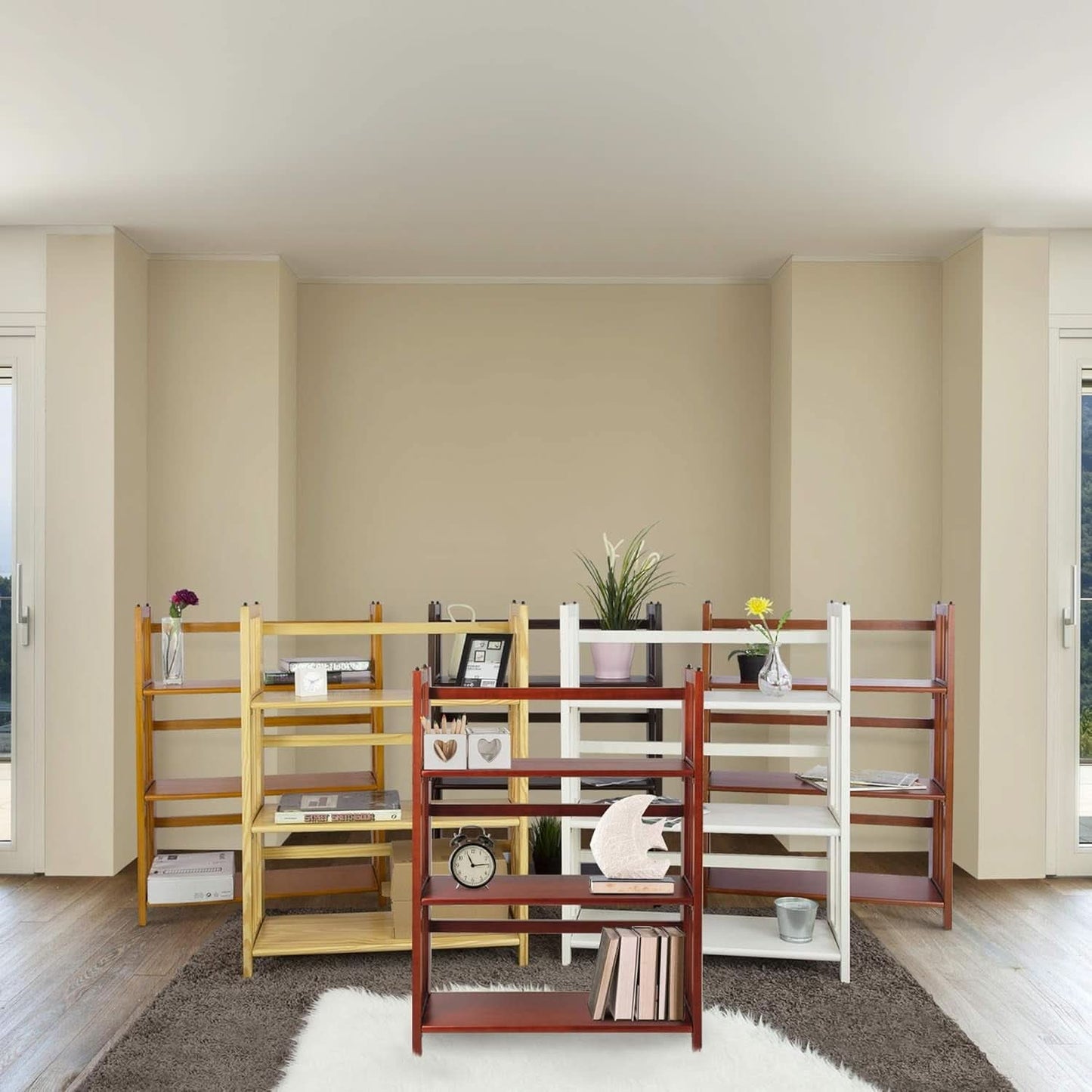 Three Shelf Folding Stackable Bookcase 27.5 Inch Wide Espresso Wood Home Office Storage