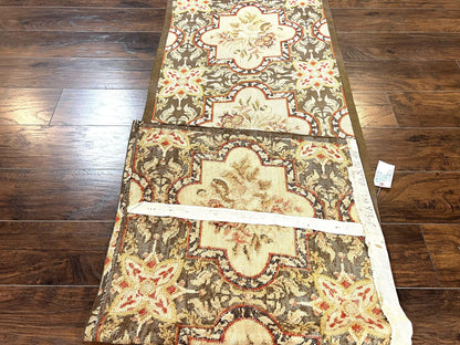 Needlepoint Runner Rug 2.8 x 9.8, Brown and Beige, Handwoven Handmade Floral French European Design, Vintage Flatweave 10ft Wool Runner Rug