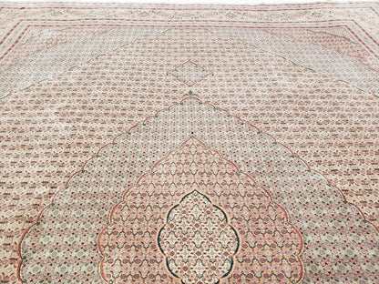 Stunning Oversized Sino Persian Oriental Rug 12x15, Hand Knotted Wool & Silk Palace Sized Carpet, Mahi Pattern, Very Fine, Peach Beige, Wow