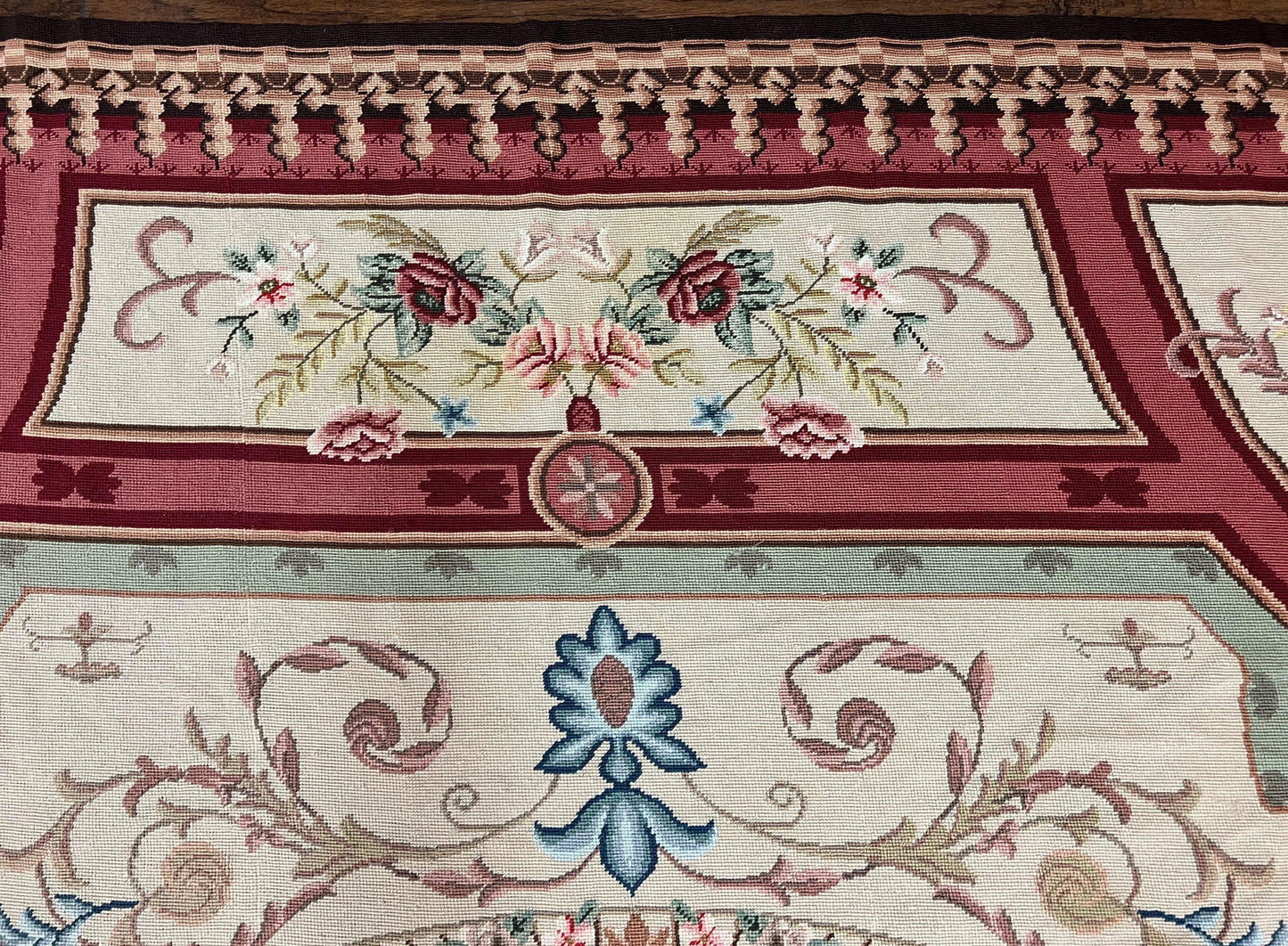 Needlepoint Rug 7.9 x 9, Beige Maroon Rose, Handmade Handwoven Flatweave Aubusson Savonnerie French European Elegant Carpet, Wool Rug