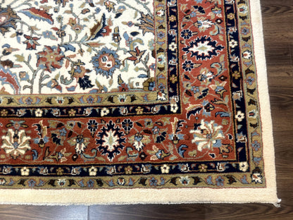 Indo Persian Rug 9x12, Ivory and Red, Traditional Wool Oriental Carpet