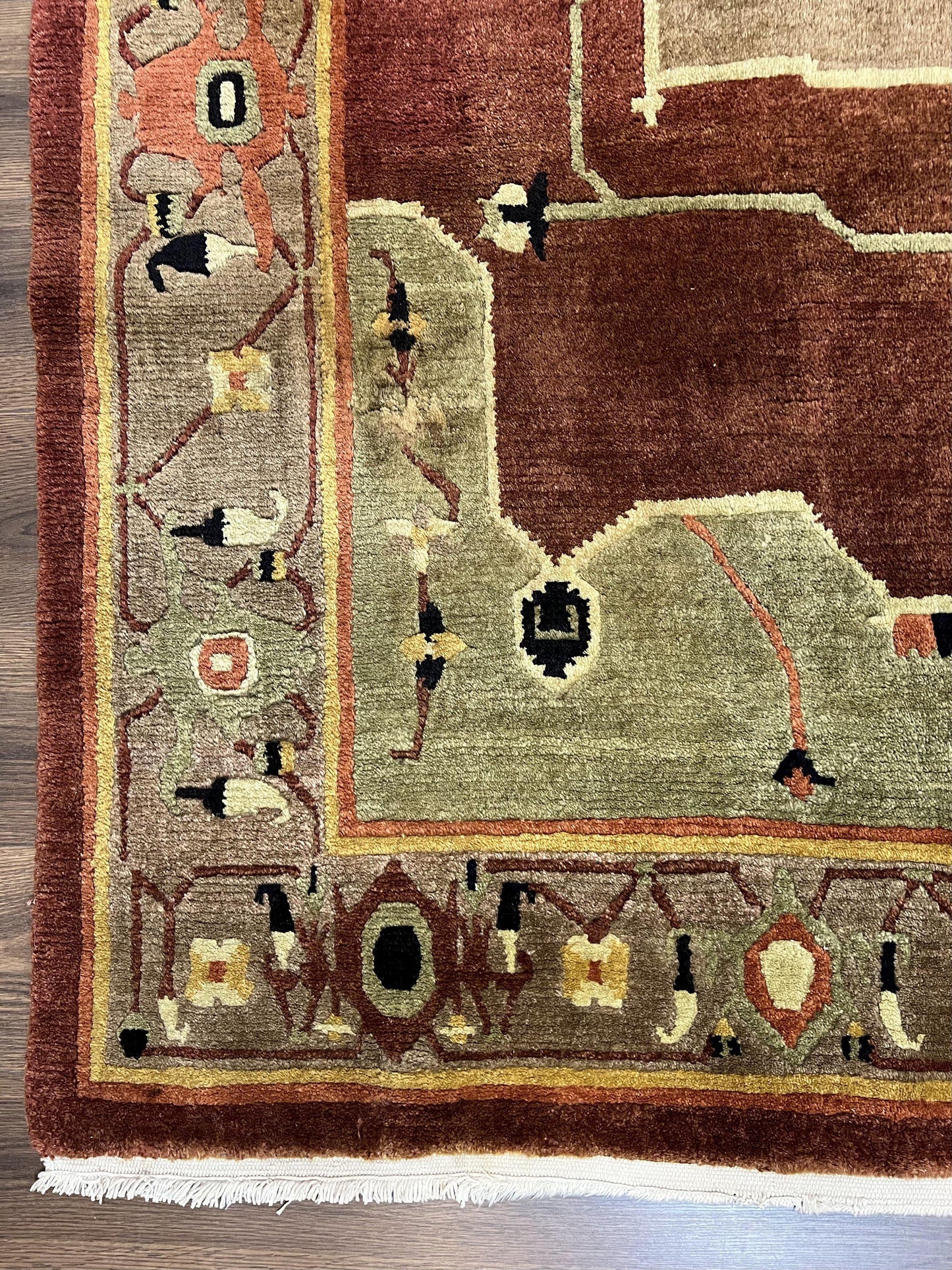 Tibetan Rug 7x10, Geometric Medallion, Red Green Taupe, Hand Knotted, Soft Wool Area Rug, Contemporary Carpet, Handmade Nepali Rug 7 x 10 ft