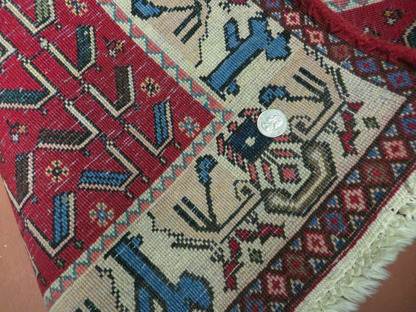 3' X 5' Vintage Handmade India Geometric Oriental Wool Rug Nice Birds Ivory Red