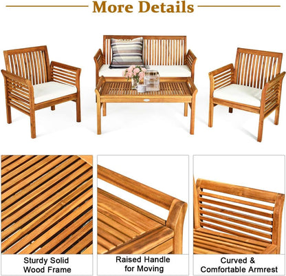 Outdoor Acacia Wood 4 Piece Sofa Set With Water Resistant Cushions Coffee Table