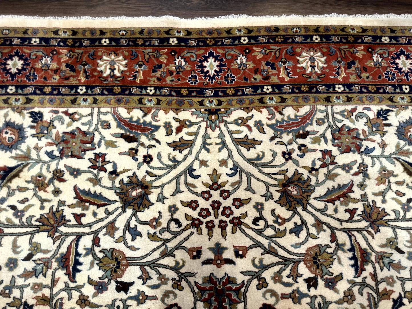 Indo Persian Rug 9x12, Ivory and Red, Traditional Wool Oriental Carpet