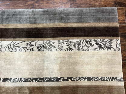 Modern Tibetan Nepali Rug 8x12, Stripe Pattern, Wool with Silk Highlights, Handmade, Beige Tan Brown
