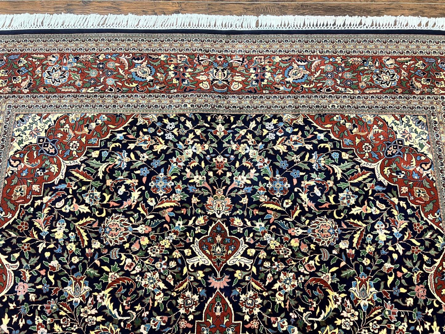 Indo Persian Rug 8x10, Floral Medallion, Vintage Handmade Wool Carpet, Navy Blue and Red, Fine 300 KPSI
