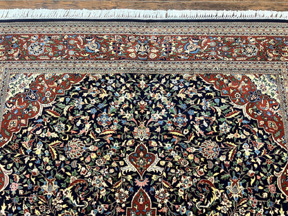 Indo Persian Rug 8x10, Floral Medallion, Vintage Handmade Wool Carpet, Navy Blue and Red, Fine 300 KPSI