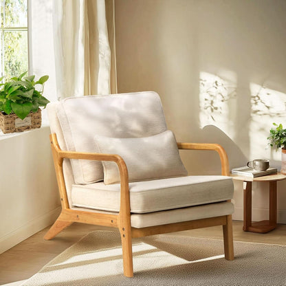 Beige Upholstered Accent Chairs With Lumbar Pillows