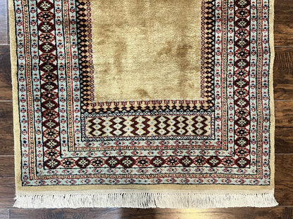 Bokhara Prayer Rug 3x5, Pakistani Turkoman Carpet, Tan, Handmade Vintage Wool Carpet