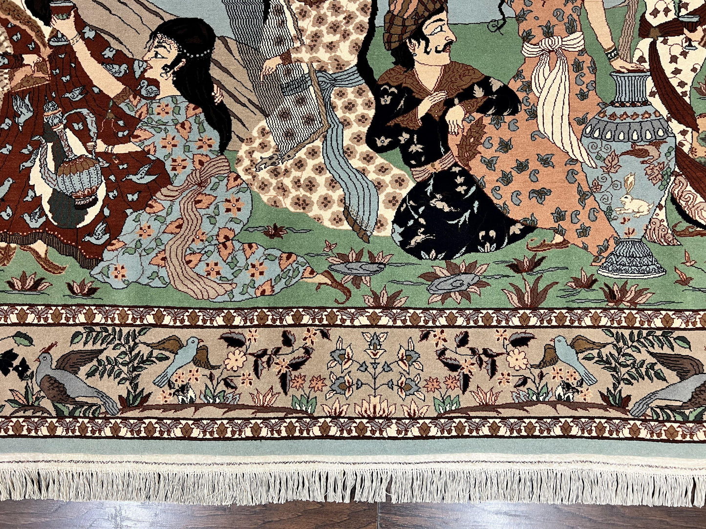 Indo Persian Pictorial Rug 4x7, Handmade Hand Knotted Wool Semi Antique Horizontal Carpet, Men & Women Drinking, Fine Rug, Bird Pictorials