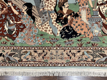 Indo Persian Pictorial Rug 4x7, Handmade Hand Knotted Wool Semi Antique Horizontal Carpet, Men & Women Drinking, Fine Rug, Bird Pictorials