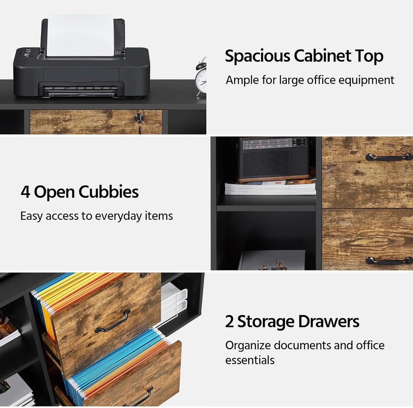 Lateral Filing Cabinet 2 Drawers 4 Open Compartments Black