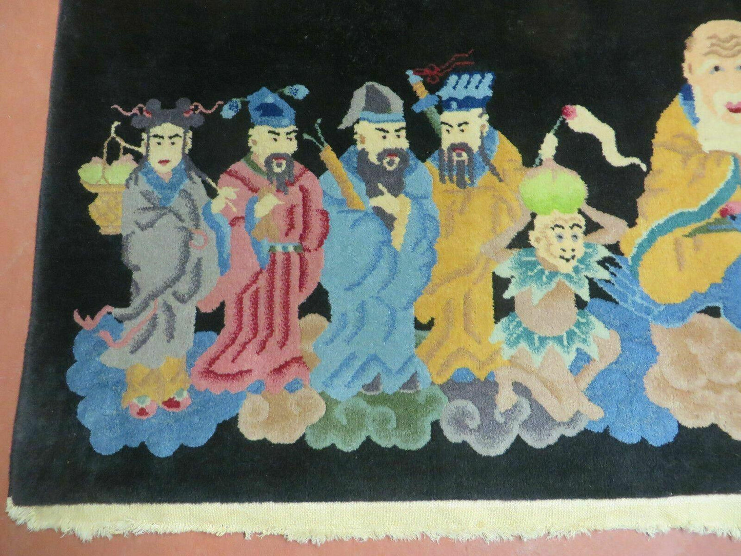 Chinese Wool Pictorial Rug 3x6 Counsel of Wise Elders Philosophers, Vintage Hand Knotted Black Chinese Carpet, Swan, Clouds Confucius, Rare