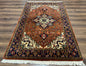 Indo Persian Heriz Rug 4x6, Rust Red Navy Blue and Cream
