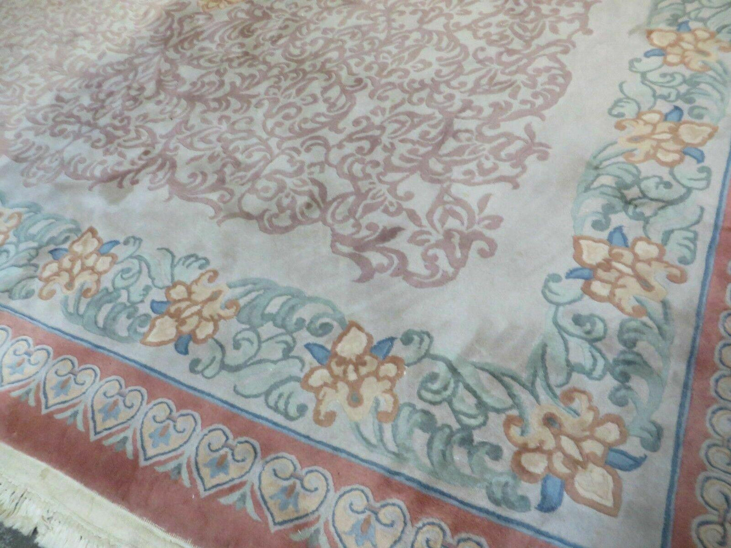 9' X 12' Vintage Handmade Chinese Carving Sculpture Wool Rug Flower Design Pink Carpet