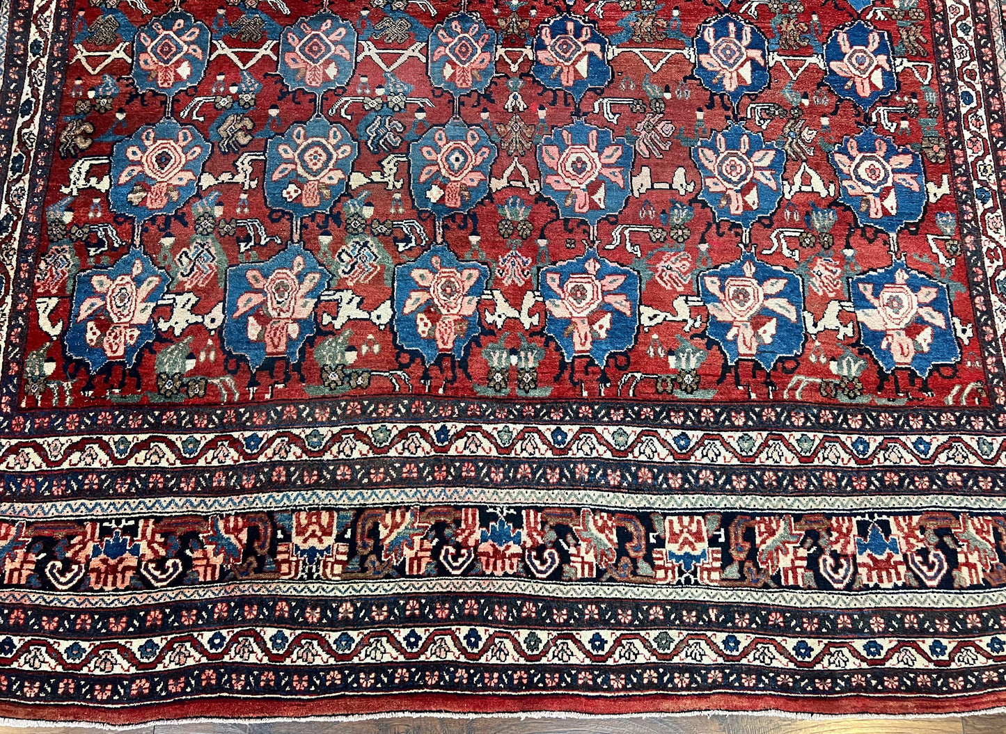 Antique Persian Bijar Rug 9x12 - Allover Motif, Red & Blue