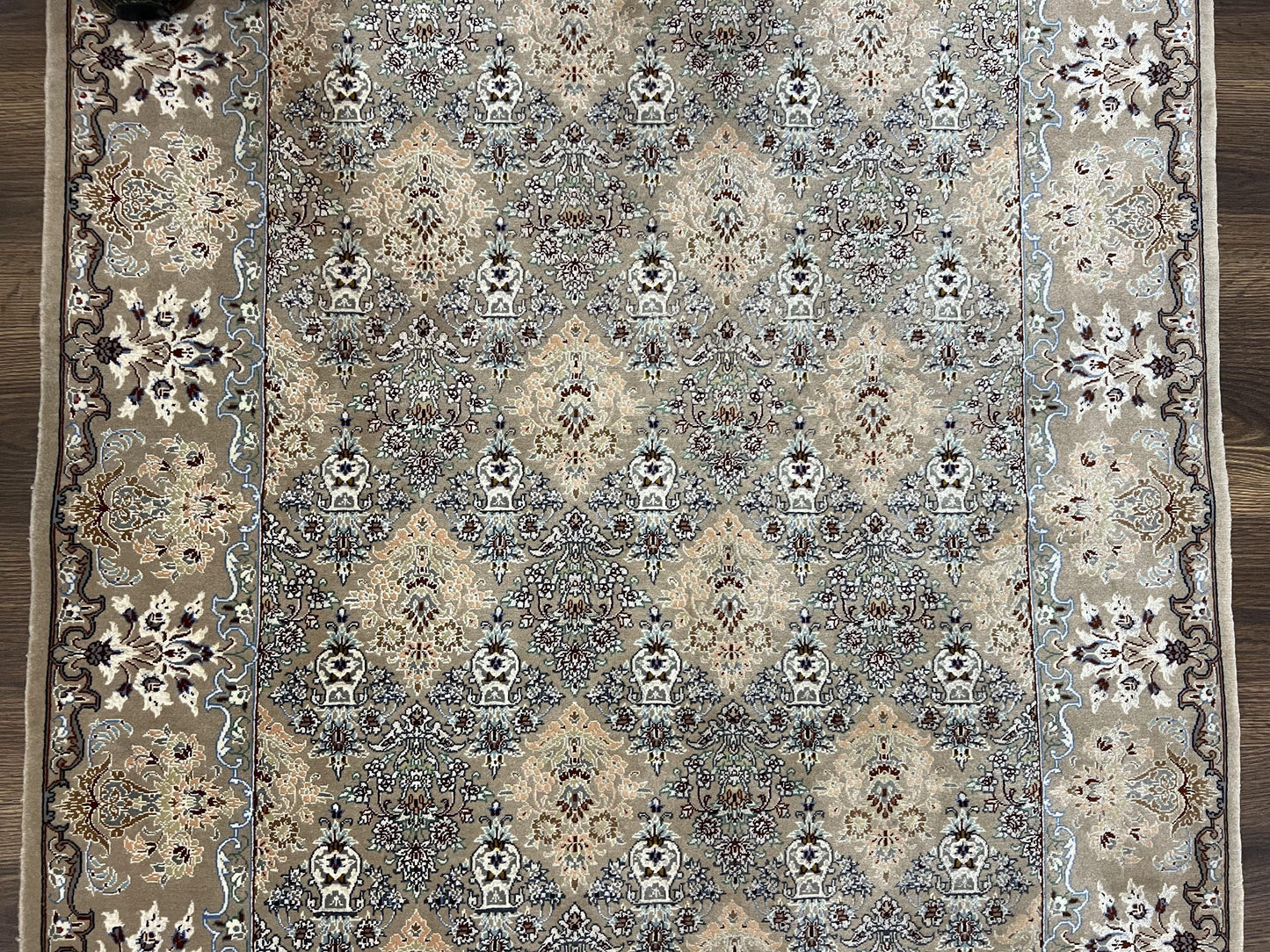 Super Fine Persian Isfahan Rug 3x5 ft, Kork Wool on Silk Foundation, Repeated Floral Motif, Taupe Tan Hand Knotted Oriental Carpet 3 x 5 ft, Signed