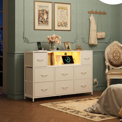 White Dresser TV Stand for 55 Inch TV with Charging Station LED Lights