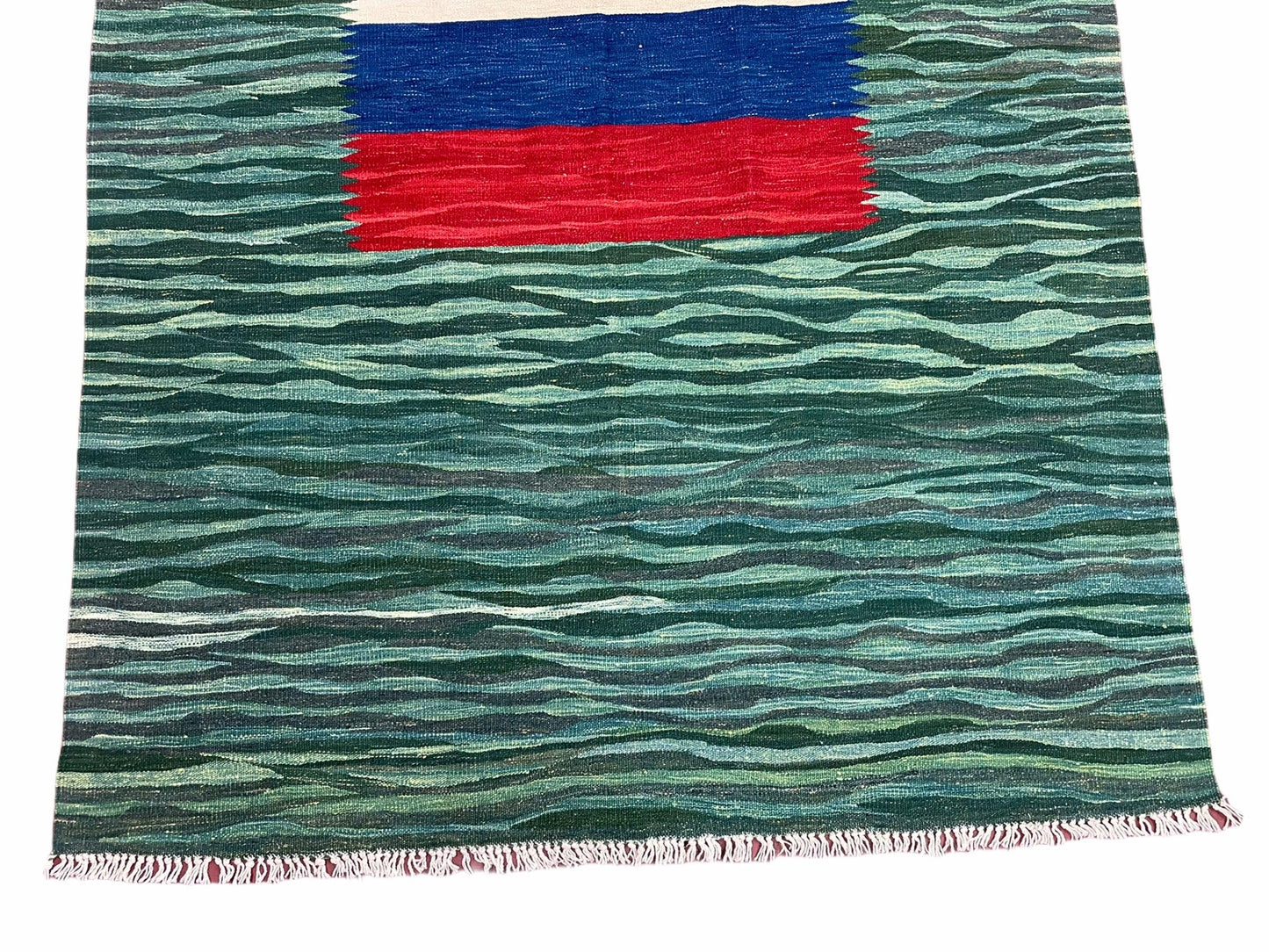 Sea Green Kilim Area Rug, White Blue Red Stripes, Russian Flag Rug, Flatweave Hand Knotted Carpet, Turkish Carpet, Wool, New, 5' 6" x 7' 10"