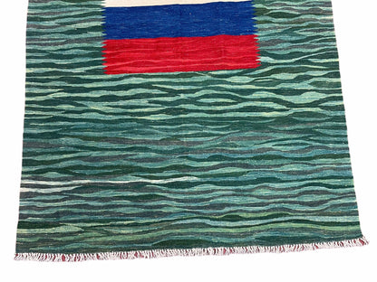 Sea Green Kilim Area Rug, White Blue Red Stripes, Russian Flag Rug, Flatweave Hand Knotted Carpet, Turkish Carpet, Wool, New, 5' 6" x 7' 10"