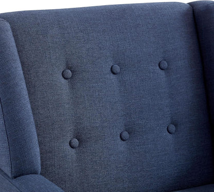 Dark Blue Linen Upholstered Tufted Midcentury Armchair