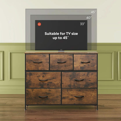Rustic Fabric Dresser TV Stand With Wood Top And Metal Frame