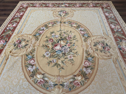 Needlepoint Rug 8x10, Aubusson Savonnerie European Carpet, Floral, Elegant