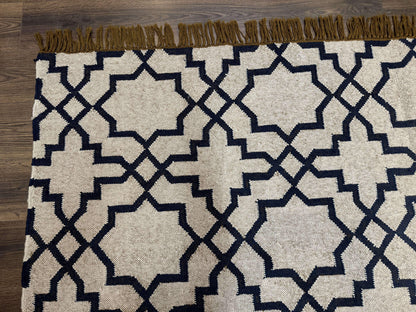 Indian Kilim Rug 8x10, Oat and Navy Blue, Dhurrie Carpet, Handmade, Wool