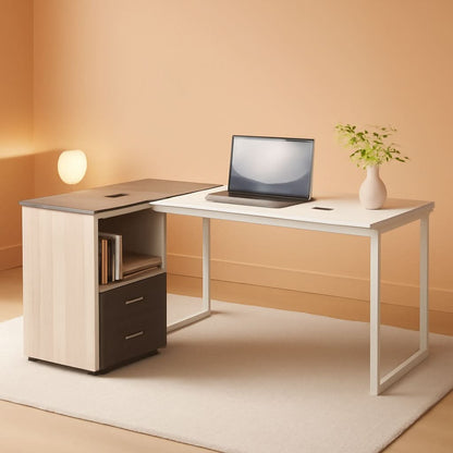 63 Inch L Shaped Desk Gray White With Reversible File Cabinet
