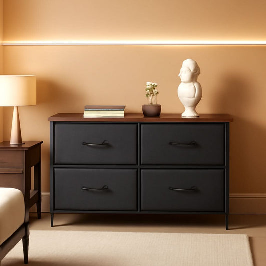 5 Drawer Fabric Dresser With Bins And Wood Top For Bedroom