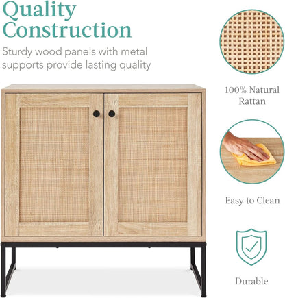 Two Door Rattan Storage Cabinet Natural Finish With Non Scratch Foot Pads For Living Room Hallway Kitchen