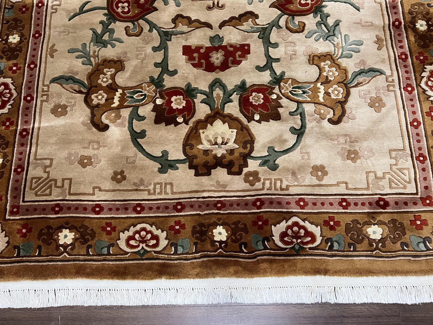 Chinese Wool Rug 5.9 x 9, Tan and Brown Asian Art Deco Carpet, Vintage 1960s Oriental Rug, Hand-Knotted Rug, Soft Wool, Medallion, Pair B
