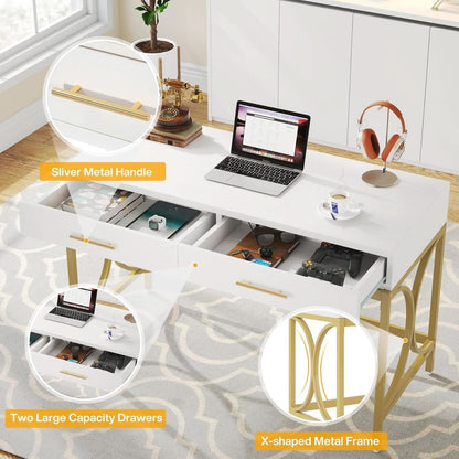 41 Inch White And Gold Computer Desk With 2 Drawers