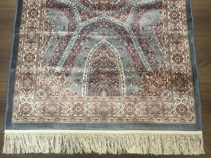 Turkish Silk Runner Rug 2.6 x 13, Blue Runner Rug, Dome Design, Bamboo Silk, New